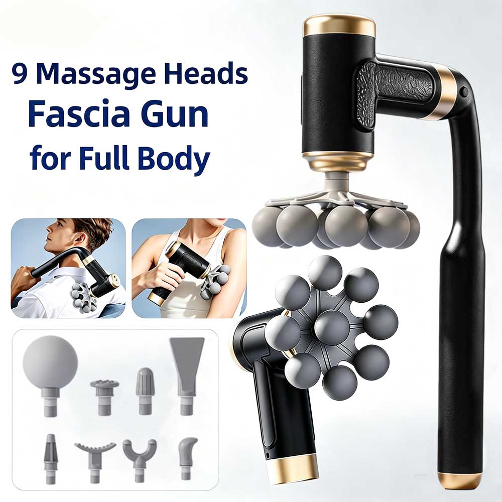 Massage Gun - ปืนนวดกล้ามเนื้อแบบไร้สาย 2-in-1 ด้ามยาวและสั้น พร้อมหัวนวด 9 แบบ